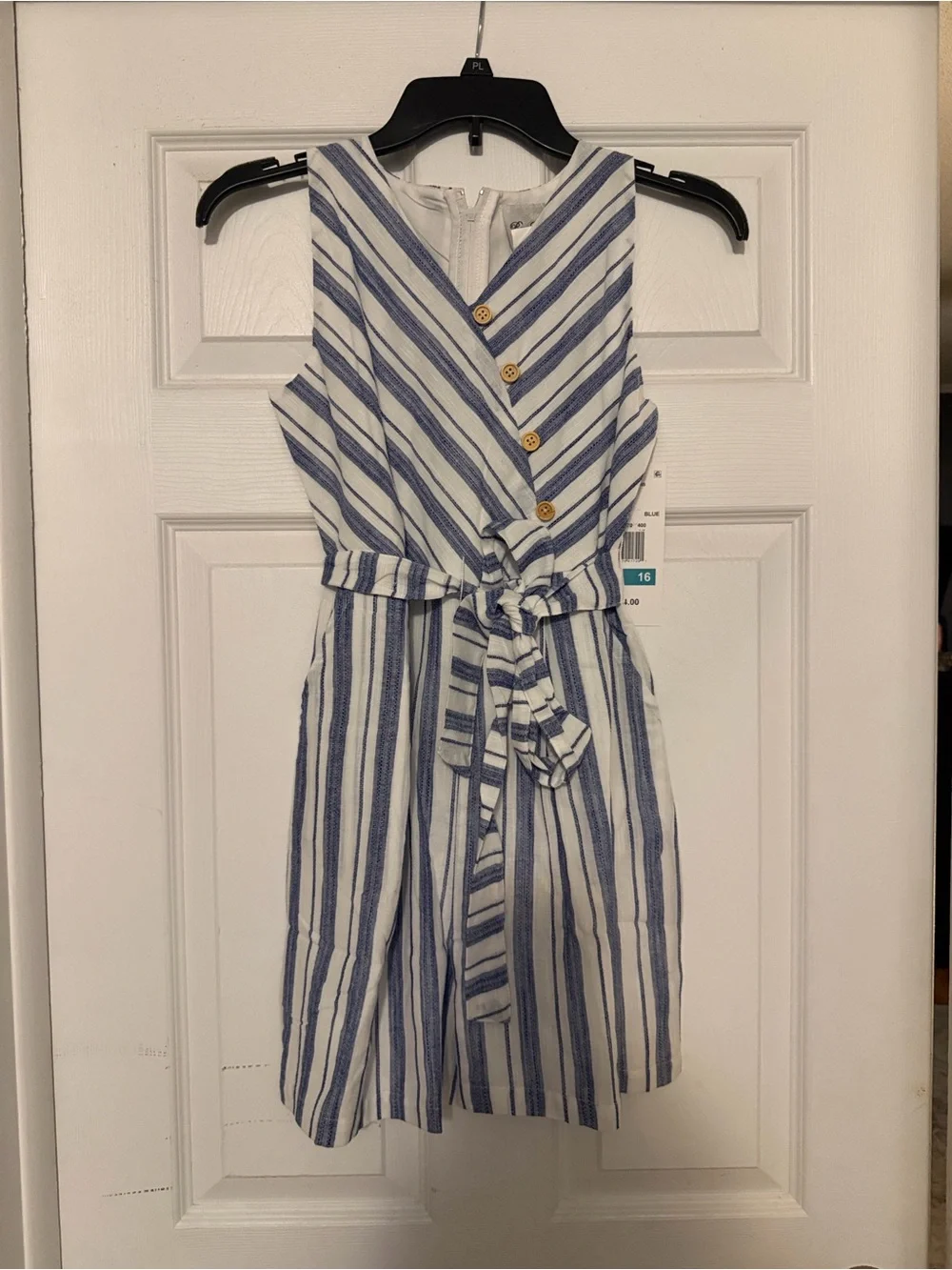 Rare Editions Blue and White Striped Sleeveless Dress with Tie Waist